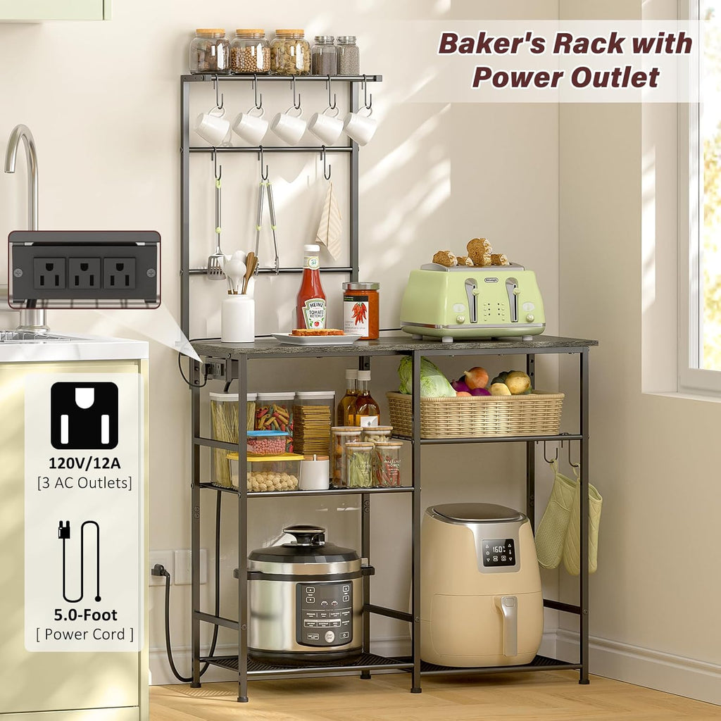 Bakers Rack with Power Outlet, Kitchen Microwave Stand with 10 S-shaped Hooks, 6-Tier Coffee Bar Station, Kitchen Storage Shelf Rack for Spices, Pots, Gray