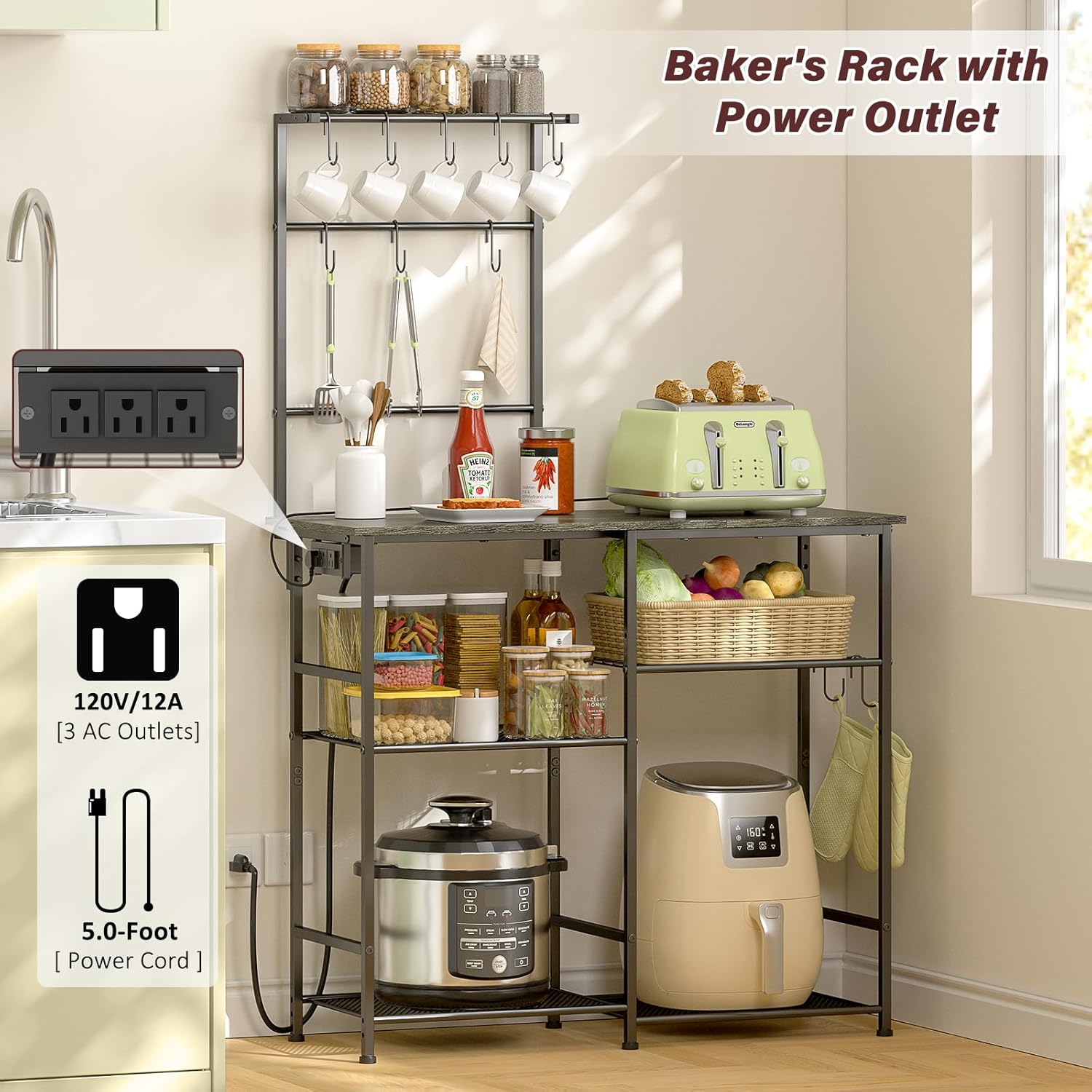 Bakers Rack with Power Outlet, Kitchen Microwave Stand with 10 S-shaped Hooks, 6-Tier Coffee Bar Station, Kitchen Storage Shelf Rack for Spices, Pots, Gray