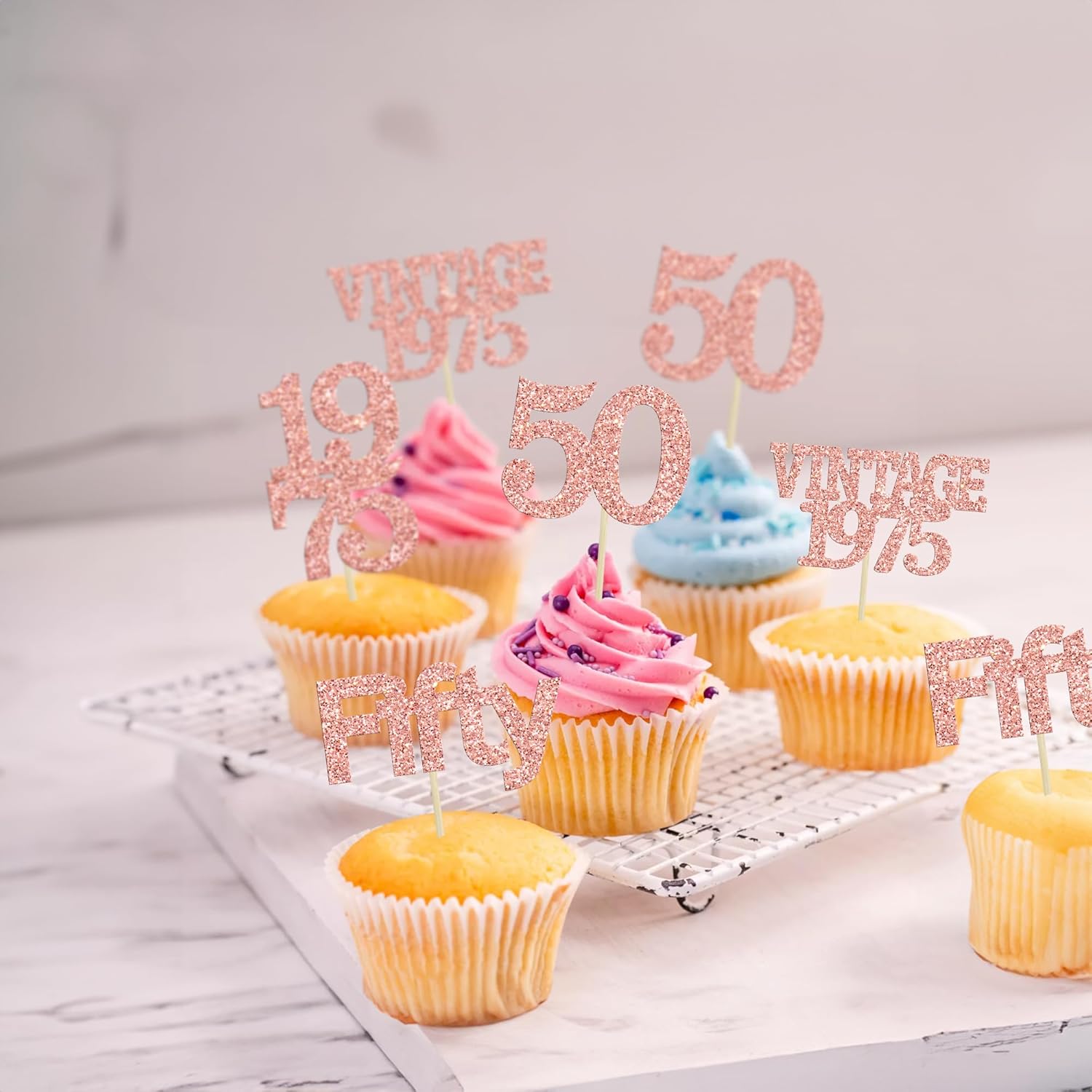 Gyufise 24Pcs 50th Birthday Cupcake Toppers Cheers to 50 Fabulous Fifty Vintage 1975 Cupcake Picks 50th Birthday Wedding Anniversary Party Cake Decorations Supplies Rose Gold