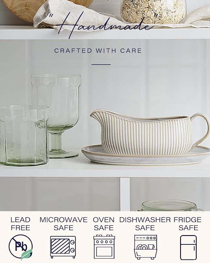 Getstar Gravy Boat with Saucer, Cranberry Sauce Dish Thanksgiving, Ceramic Gravy Dish Bowl, Microwave & Dishwasher Safe (Embossed Stripes)