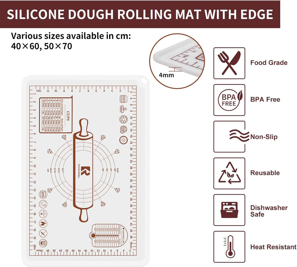 Silicone Baking Mat, Extra Thick Dough Rolling Pad with Measurements and Edge Heightening, Non-stick Food Grade Silicone Pastry Mat for Pastry, Bread, Cookies (Transparent, 16"L x 24"W)