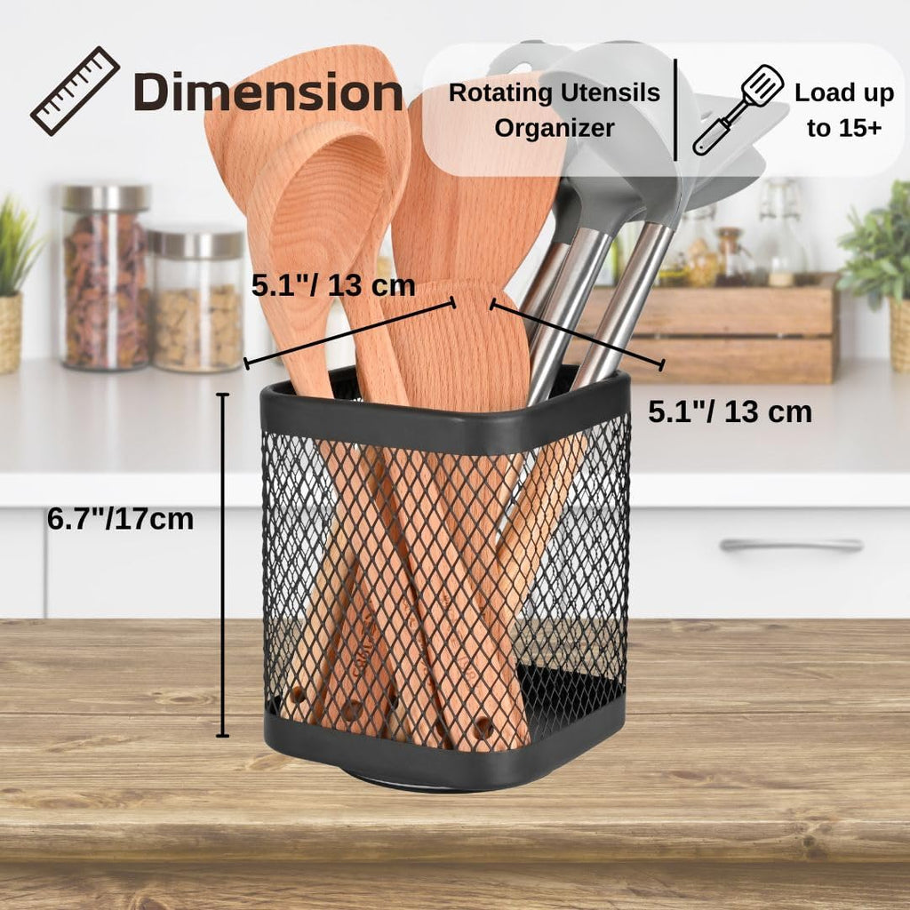 IBERG Rotating Utensil Holder & Coffee Pod Basket - 360° Spinning Base Mesh Metal Organizer for Kitchen Tools (Black Square)