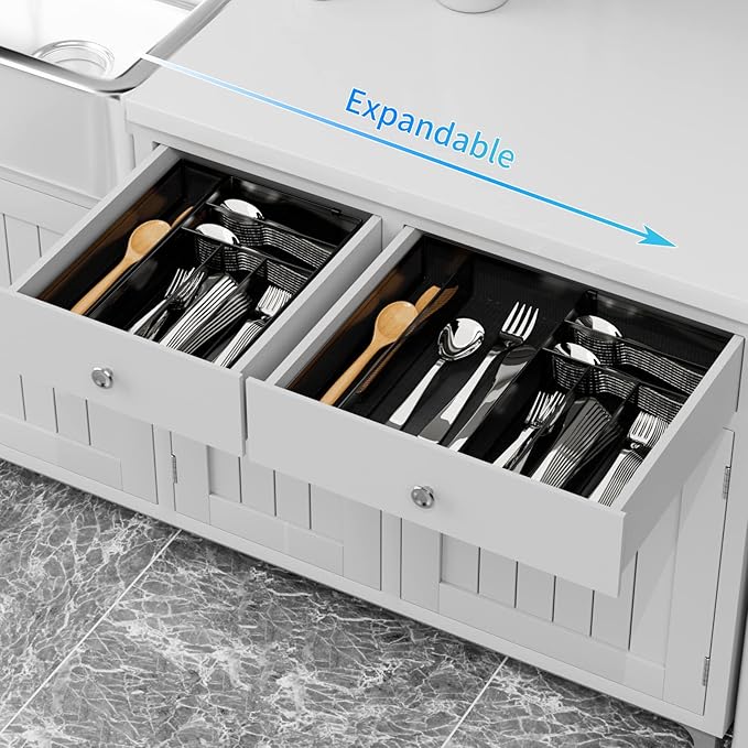 JANE EYRE Utensil Drawer Organizer - Expandable Cutlery Tray, Silverware/Flatware Storage Divider for Kitchen, Mesh Designing with Non-slip Rubber Feet (black)