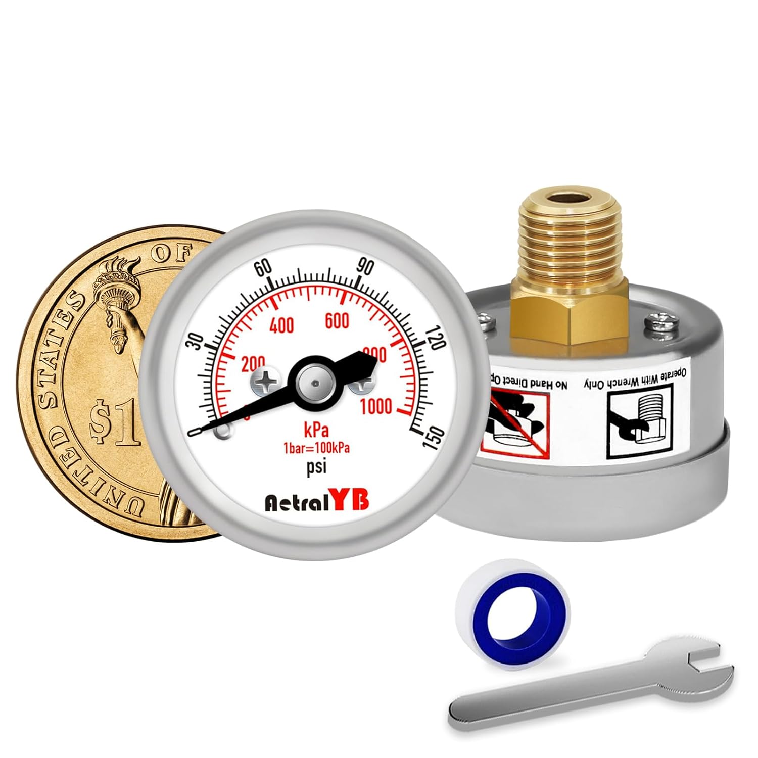 150Psi/1000Kpa Mini Pressure Gauge,Stainless Steel Housing,Brass Internal,1.2 Inch Dial,NPT 1/8" Back Mount,Dry Type, Lead-Free Material,for Air,Water,Oil Pressure Test