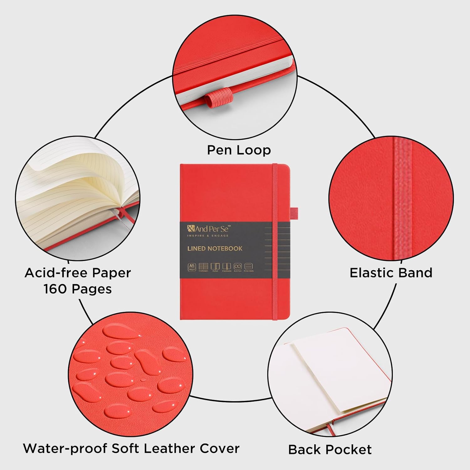 &And Per Se Lined Journal Notebook, 160 Pages, A5 5.7 x 8 inches College Ruled Thick Paper Notebook Journals for Writing, Hardcover Notebooks for Women Men Office School (1 Pack, Red)