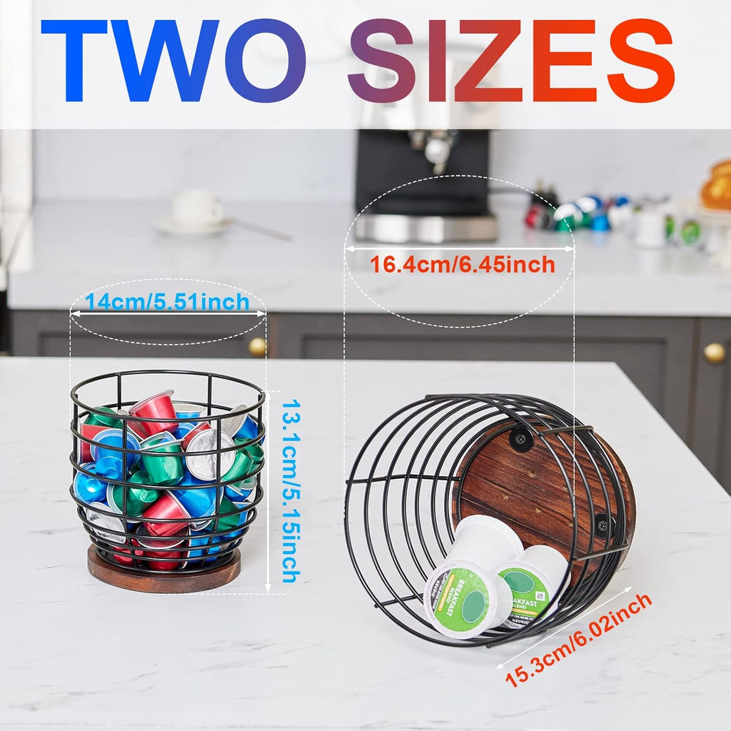 Yangbaga 2pcs Coffee Pod Holder - Large Capacity Black Wire K-Cup Holder With Wooden Base, Modern Basket Bar Decor for Station, Espresso Pods & Capsules, Fruit Snack Storage
