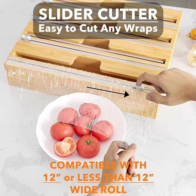 SpaceAid WrapNeat 4 in 1 Wrap Organizer with Cutter and Labels, Plastic Wrap, Aluminum Foil and Wax Bamboo Dispenser for Kitchen Storage Organization Holder for 12" Roll (Natural, 4-Slot)