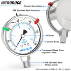 MEANLIN MEASURE 0~60Psi Stainless Steel Liquid Filled Pressure Gauge 2.5" FACE DIAL 1/4" NPT for Pool Filter Pump Water Oil Air Compressor Lower Mount with Stainless Steel Hex Bushing and Snaps