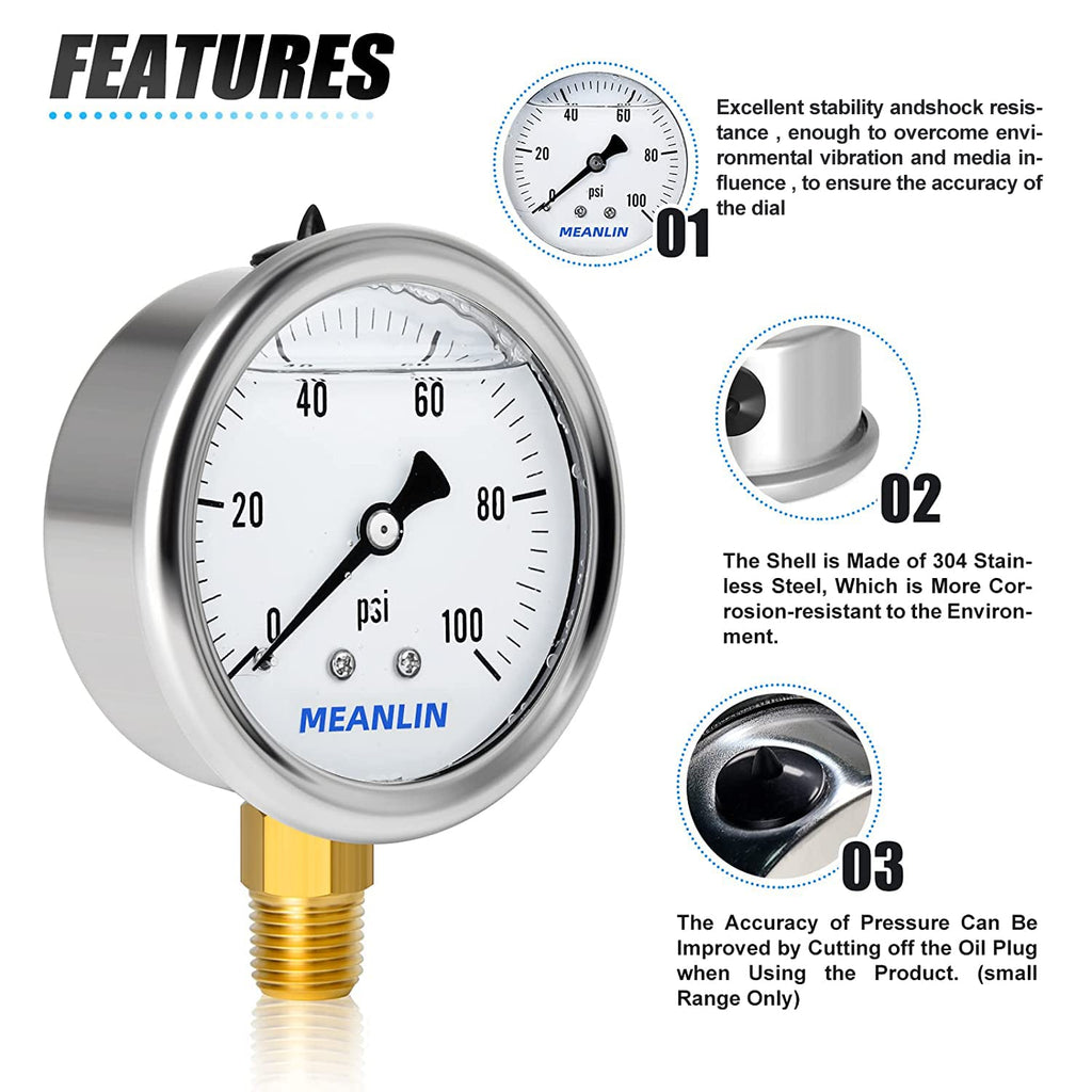 MEANLIN MEASURE 0~100Psi Stainless Steel 1/4" NPT 2.5" Single Scale FACE DIAL, Glycerin Filled Pressure Gauge, WOG Water Oil Air, Lower Mount, with 1/2" NPT and 3/8" NPT Hex Bushing