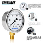 MEANLIN MEASURE 0~100Psi Stainless Steel 1/4" NPT 2.5" Single Scale FACE DIAL, Glycerin Filled Pressure Gauge, WOG Water Oil Air, Lower Mount, with 1/2" NPT and 3/8" NPT Hex Bushing