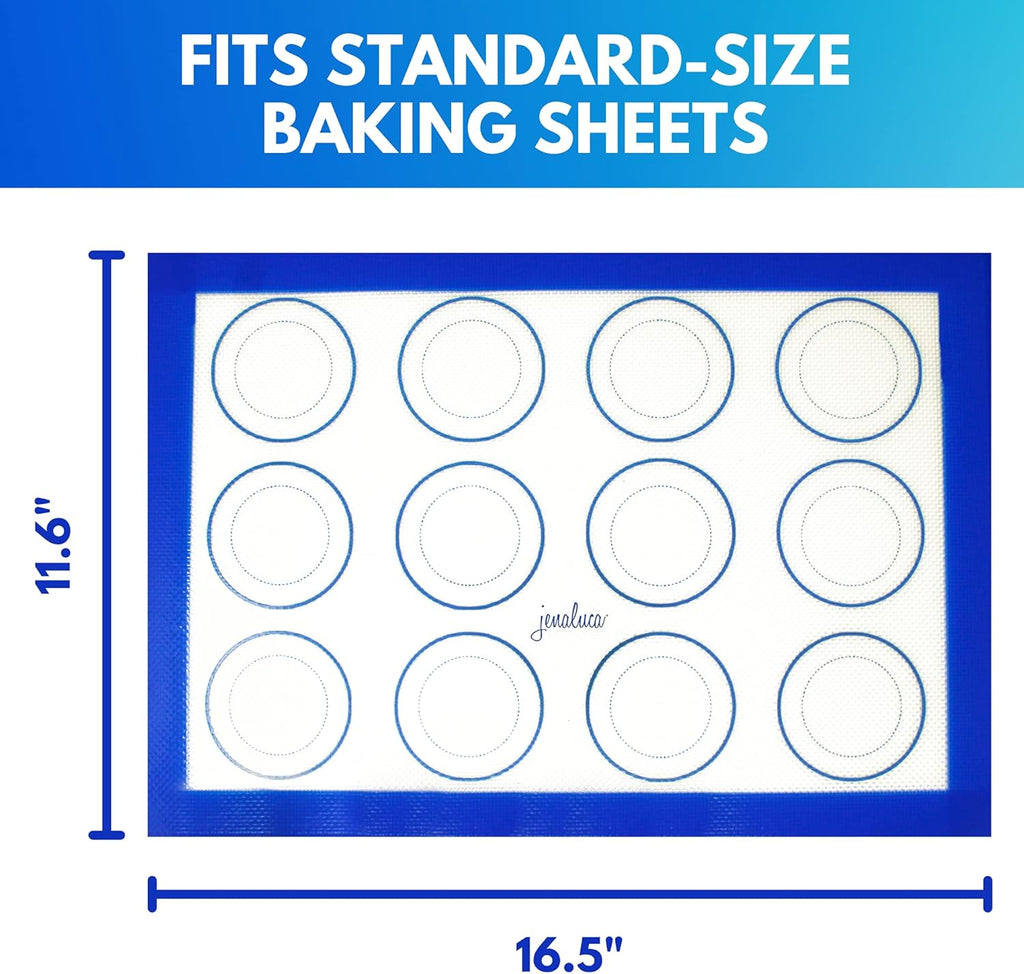 Jenaluca Silicone Baking Mats 2 Pack - Non-Stick Mats with Cookie Measurements Reusable Food Grade Silicone for Cookies, Pastries & Meal Preparation - Non Slip - 16.5 x 11.6