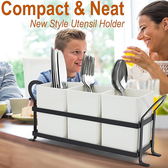 Cutlery Holder with Drain Holes, Silverware Caddy for Party Countertop, 3pcs Bins Set Utensil Holders for Spoon and Fork, White