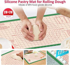 Pastry Baking Mat 28x20 Inch - Larger Silicone Baking Pastry Mat for Rolling Dough,Non Silp Silicon Dough Sheet Mat with Measurement,Perfect for Making Pie,Pizza(Green)