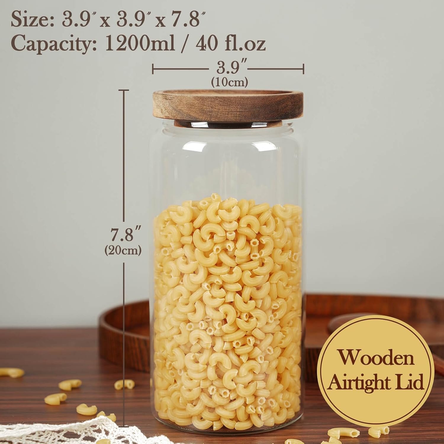 Labina Glass Storage Container Airtight Food Jars Kitchen Canister with Wood Lids, 40 Oz Wide Mouth Pantry Organization Glass Jar for Flour, Sugar, Cookie, Spagetti, Nuts and Candy (2 Pack)