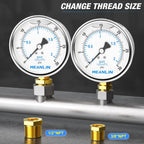 MEANLIN MEASURE 0~30Psi Stainless Steel 1/4" NPT 4" FACE DIAL Liquid Filled Pressure Gauge WOG Water Oil Air Lower Mount, with 1/2" NPT and 3/8" NPT Hex Bushing
