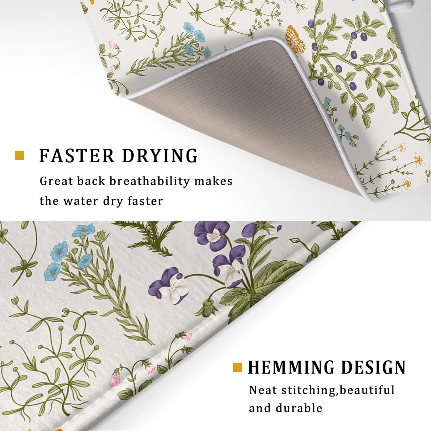 Wild Flowers Herbs Dish Drying Mat for Kitchen Counter Decor 18x24 Inch Vintage Floral Absorbent Reversible Microfiber Dish Drying Pad Sage Plant Dish Drainer Rack Mats for Coffee Bar Kitchen