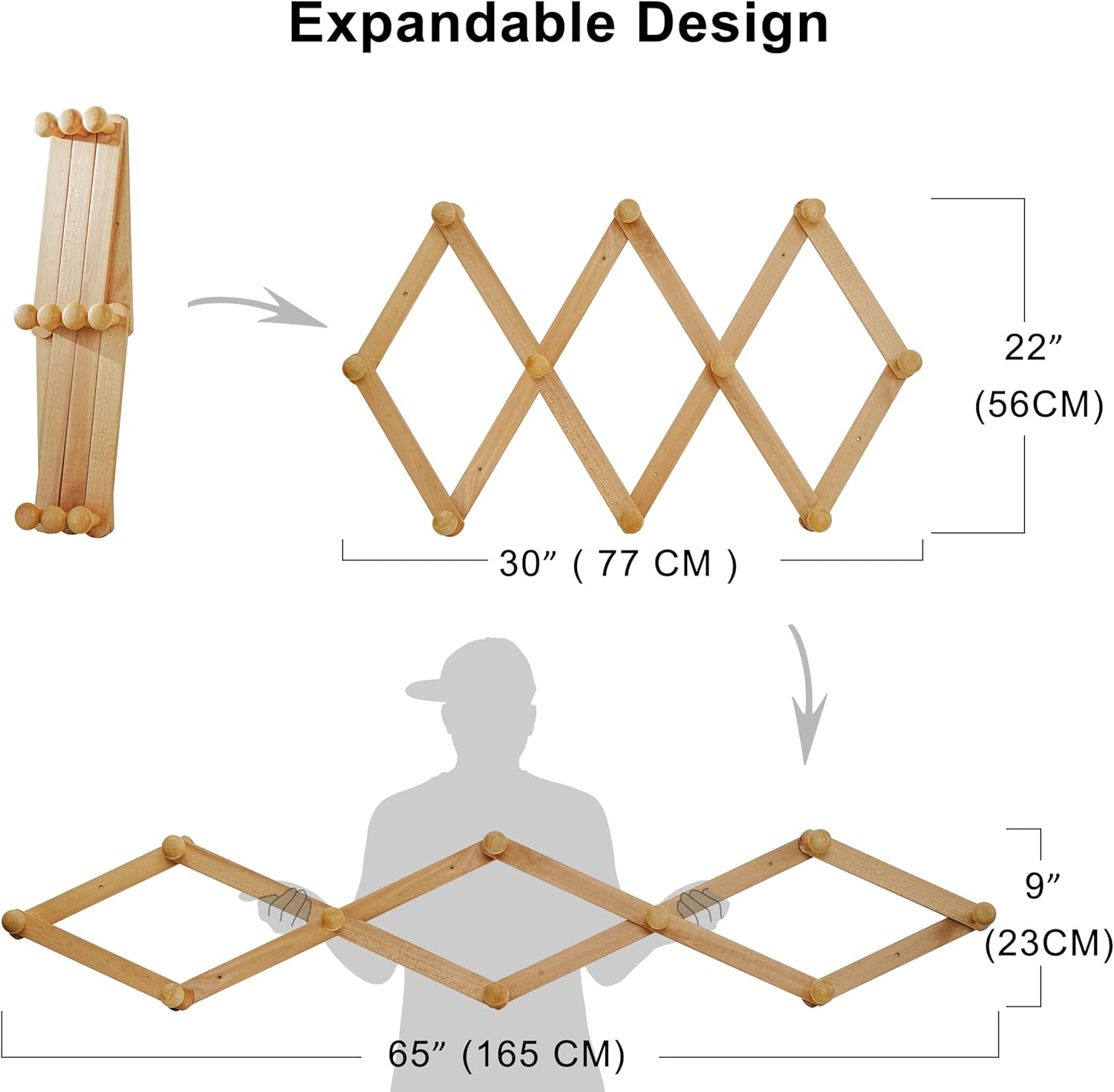 Dseap Expandable Coat Rack (Larger Version) - 24” High, Anti-Slip, Ultra Heavy Duty Wooden Accordian Wall Hanger with 10 Study Peg Hooks for Clothing Hats Jackets Bags, Dark Walnut
