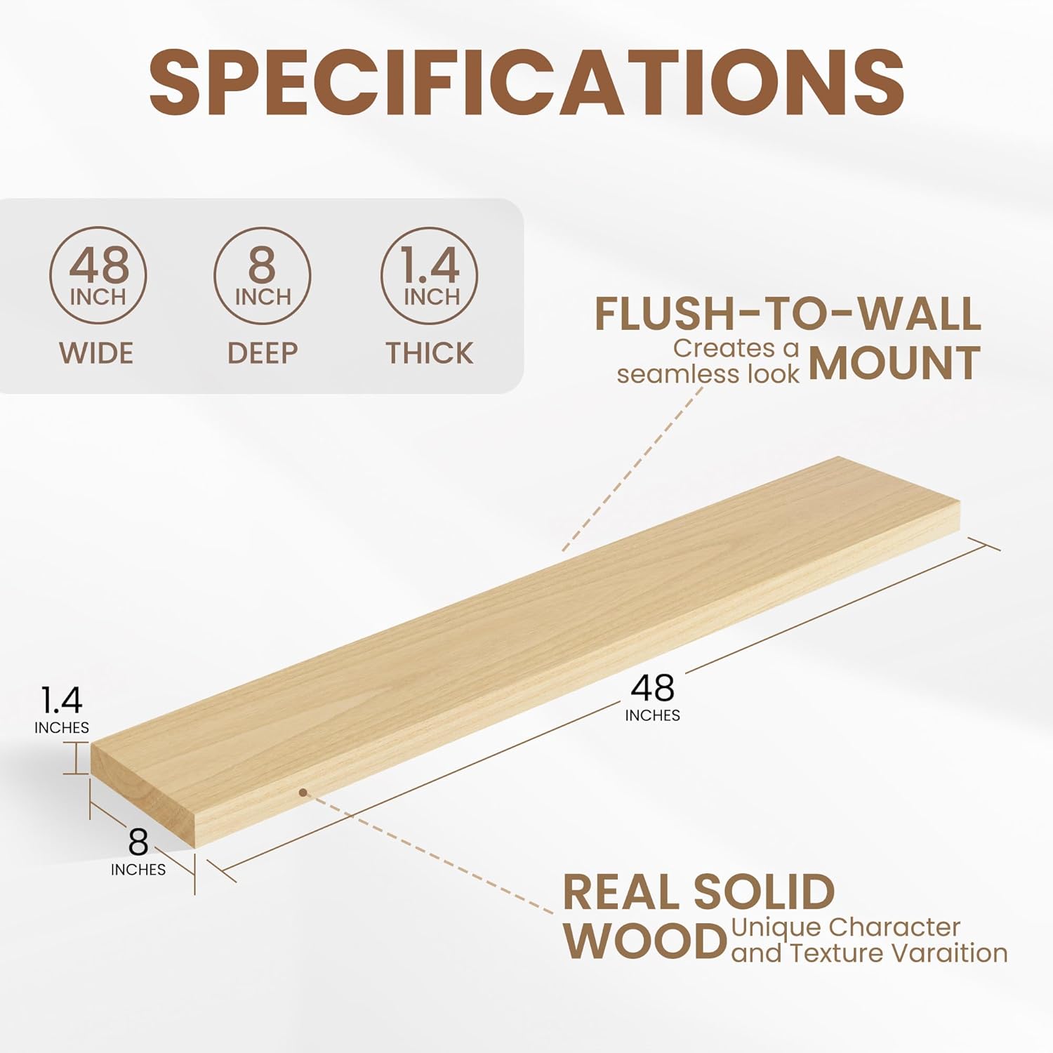 Fun Memories Rustic Real Wood Floating Shelves, 8 Inch Deep Floating Shelf Wall Mounted, 48" W x 8" D Wall Shelves Storage Shelves for Living Room, Bedroom, Bathroom, Burlywood, Set of 1