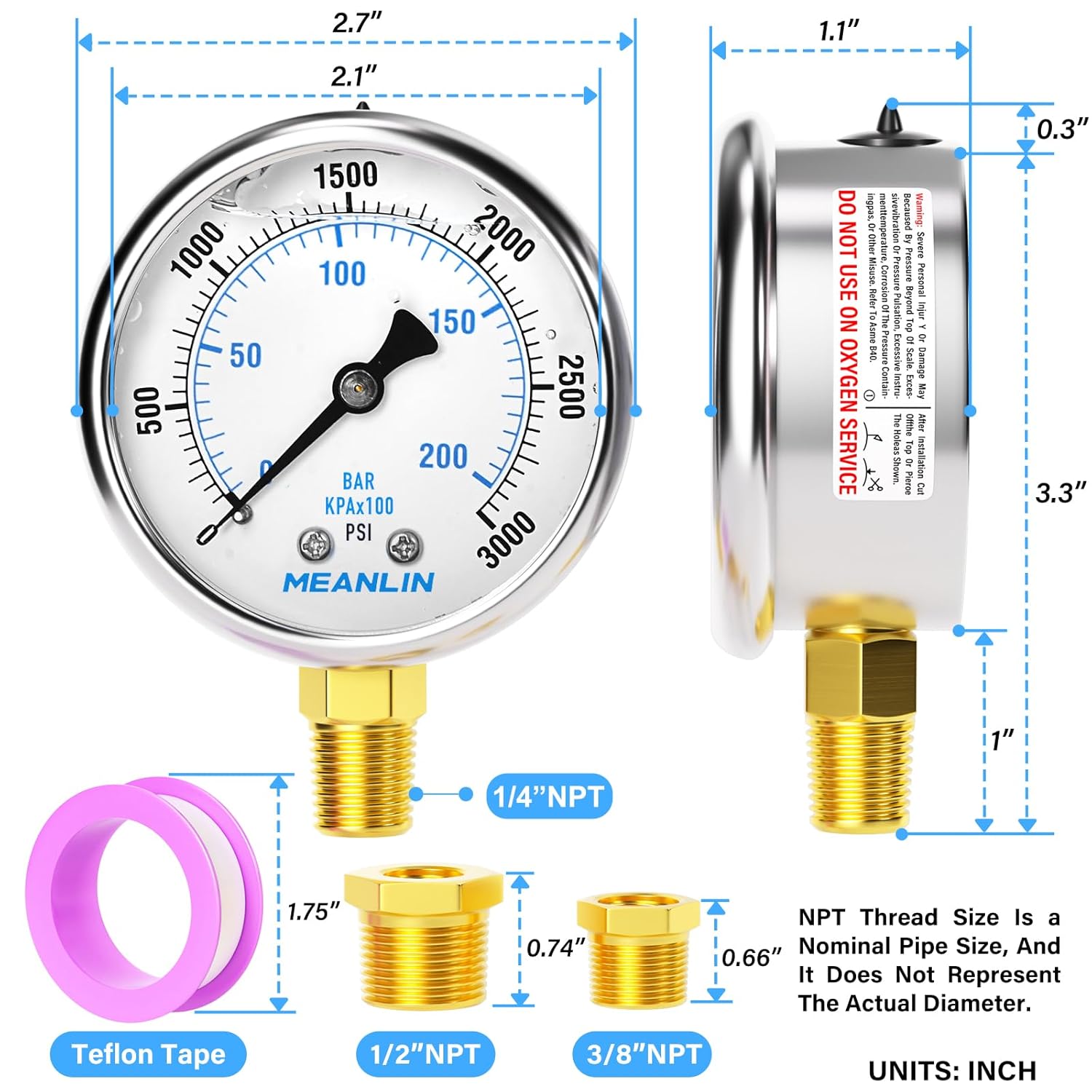 MEANLIN MEASURE 0~3000Psi Stainless Steel 1/4" NPT 2.5" FACE DIAL Liquid Filled Pressure Gauge WOG Water Oil Air Lower Mount, with 1/2" NPT and 3/8" NPT Hex Bushing