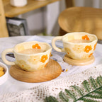 Ceramic Coffee Mug Set of 2 Vintage Flower Mugs 8 oz Cute Floral Coffee Mugs Irregular Latte Art Cup Lead-free Porcelain Cups for Cappuccino, Cocoa (2 Orange Flower)