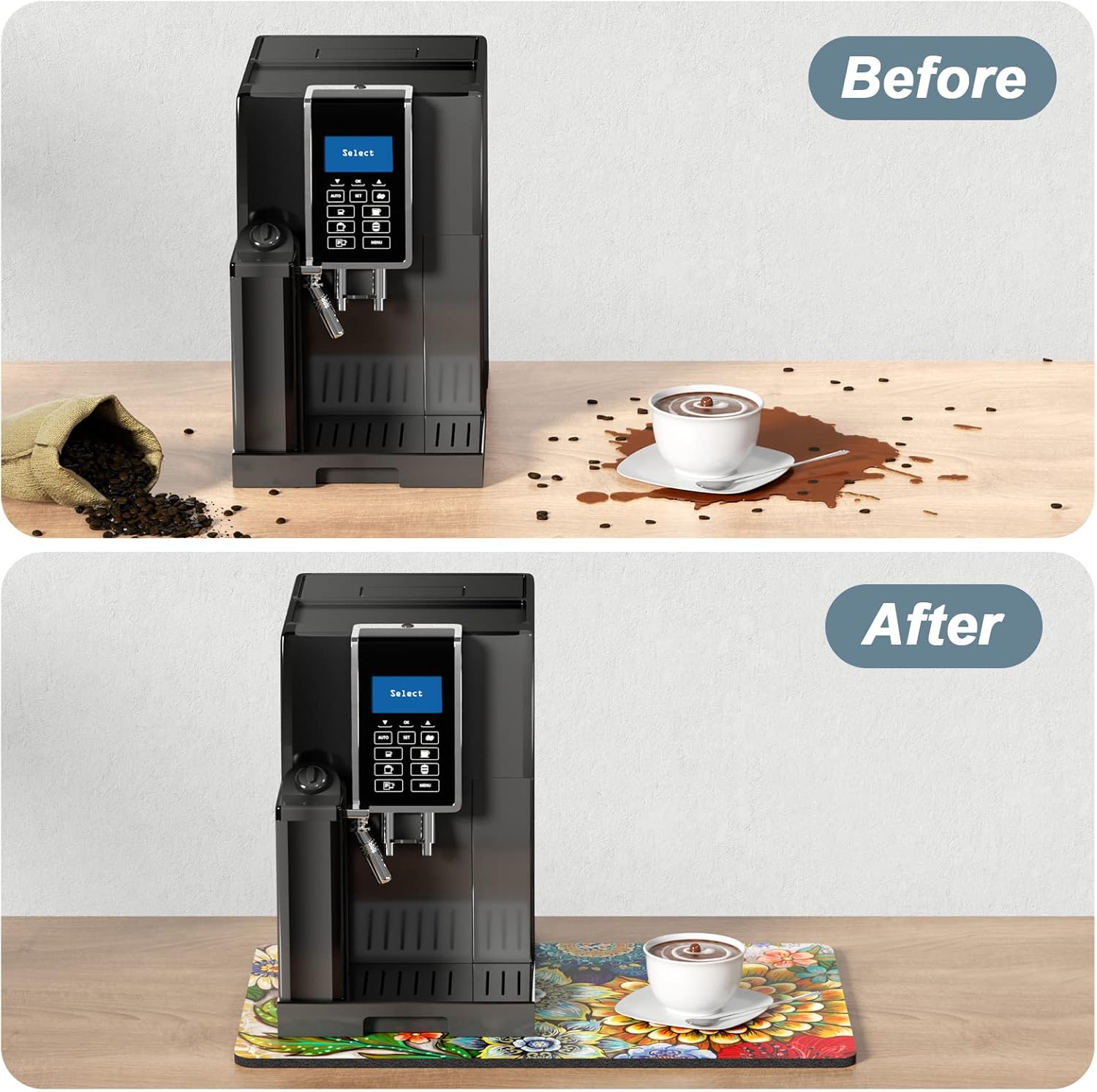 Rnivvi Coffee Mat, 12" x 19" Cute Flower Theme Coffee Bar Mats for Espresso Machine Station Accessories and Organizer, Hide Stain Rubber Backed Absorbent Dish Drying Pad for Kitchen Counter, Mandala