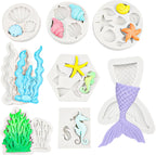 Ocean Chocolate Fondant Mold Set Food-Grade Silicone Baking Molds with Shell, Starfish, Seashell Beach Life Phrases, Reusable for Under the Sea Cakes, Cupcakes & Party Treats - 8 Pack