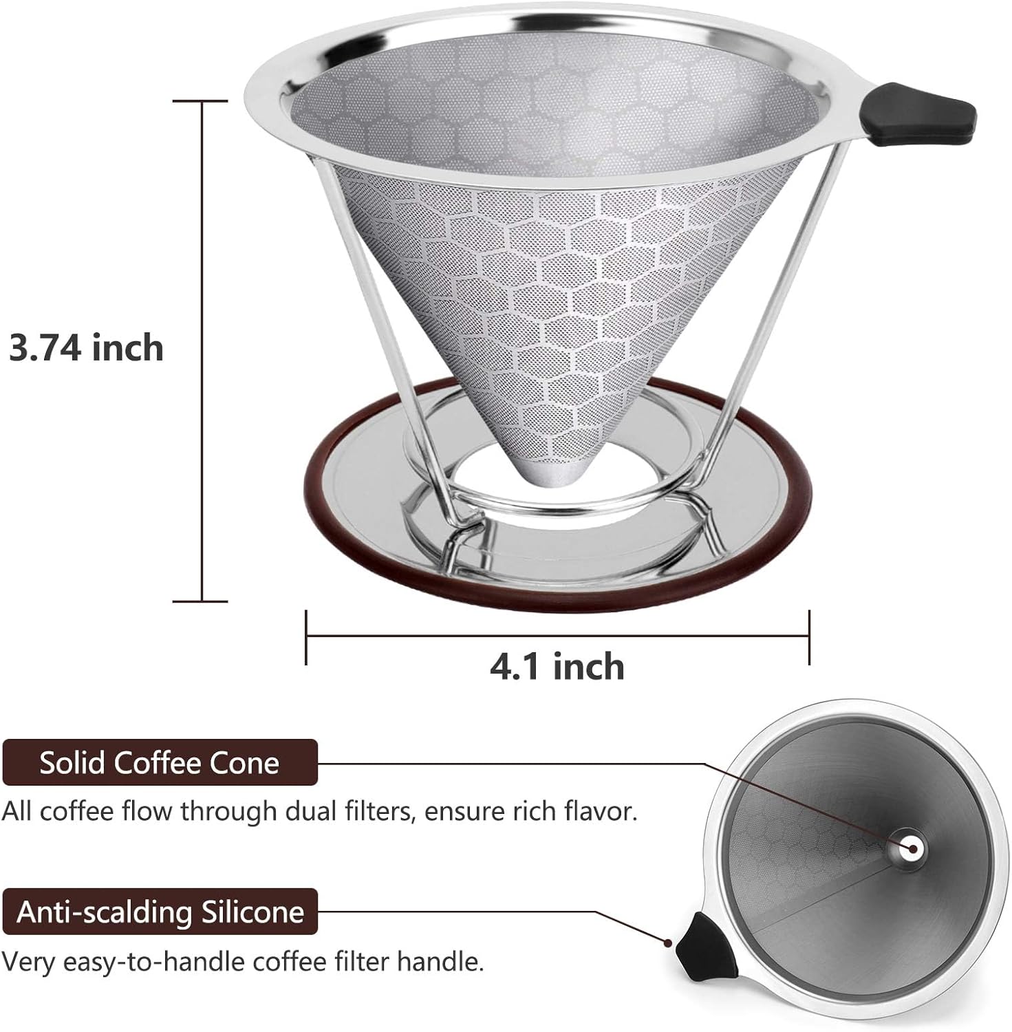 Pour Over Coffee Dripper, Reusable Stainless Pour Over Coffee Maker for (1-4 Cup), Easy to Clean Paperless Pour Over Coffee Maker, Fine Mesh Coffee Strainer with Stand and Bonus Brush