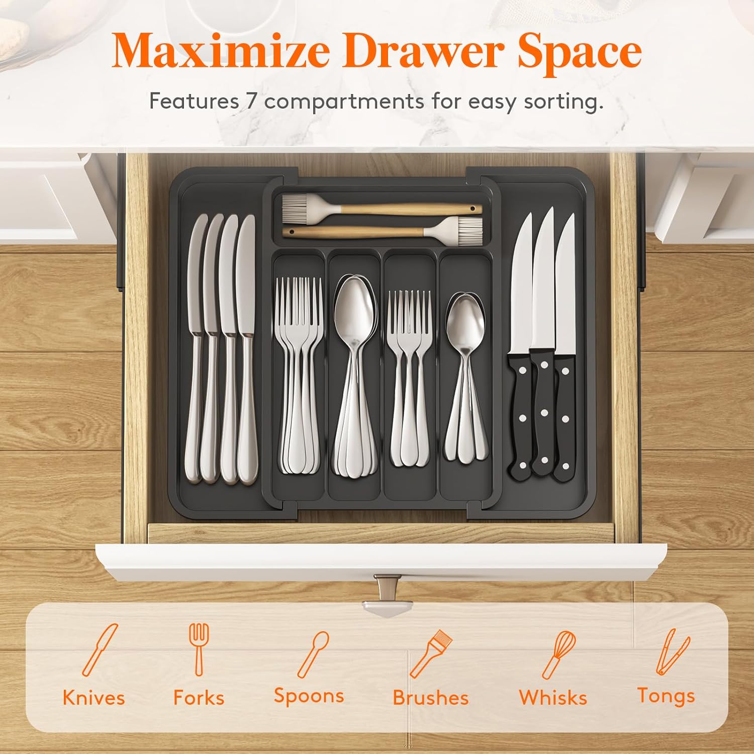 Lifewit Silverware Drawer Organizer, Expandable BPA Free Utensil Tray for Kitchen, Adjustable Flatware and Cutlery Holder for Spoons Forks Knives, Plastic Kitchen Organizers and Storage, Black