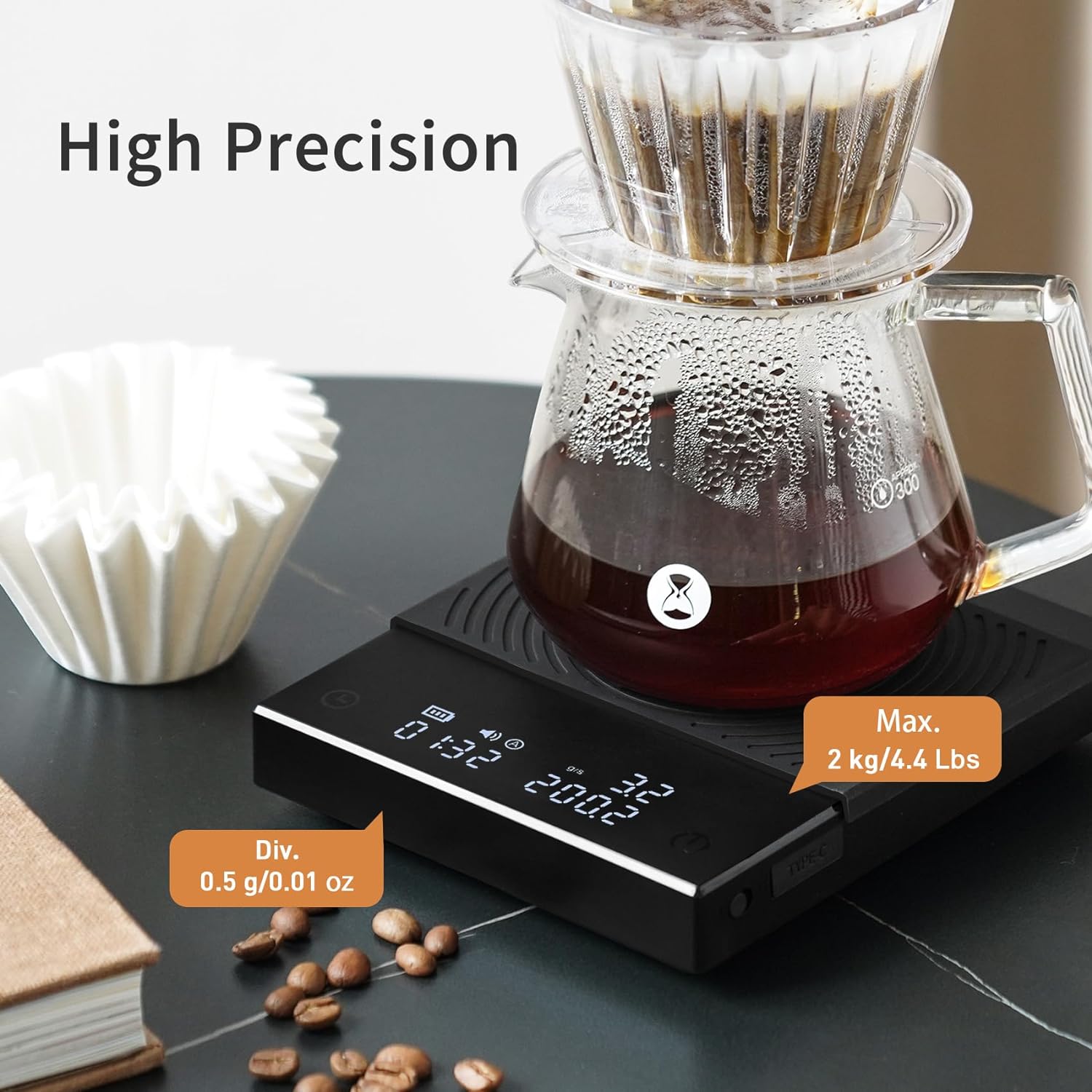 TIMEMORE Coffee Scale Basic 2.0 Electronic Espresso Scale with Water Flow Rate and Timer Function, Free Switching of Ounce/kg Units, Digital Scale for Kitchen/Baking/Cooking, Black