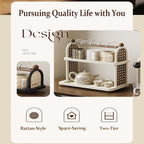 2-Tier Rattan Organizer Vintage Coffee Mug Cup Holder for Countertop Kitchen Bedroom and Living Room, Saucer Bottle Storage Kitchen Accessories (Black)
