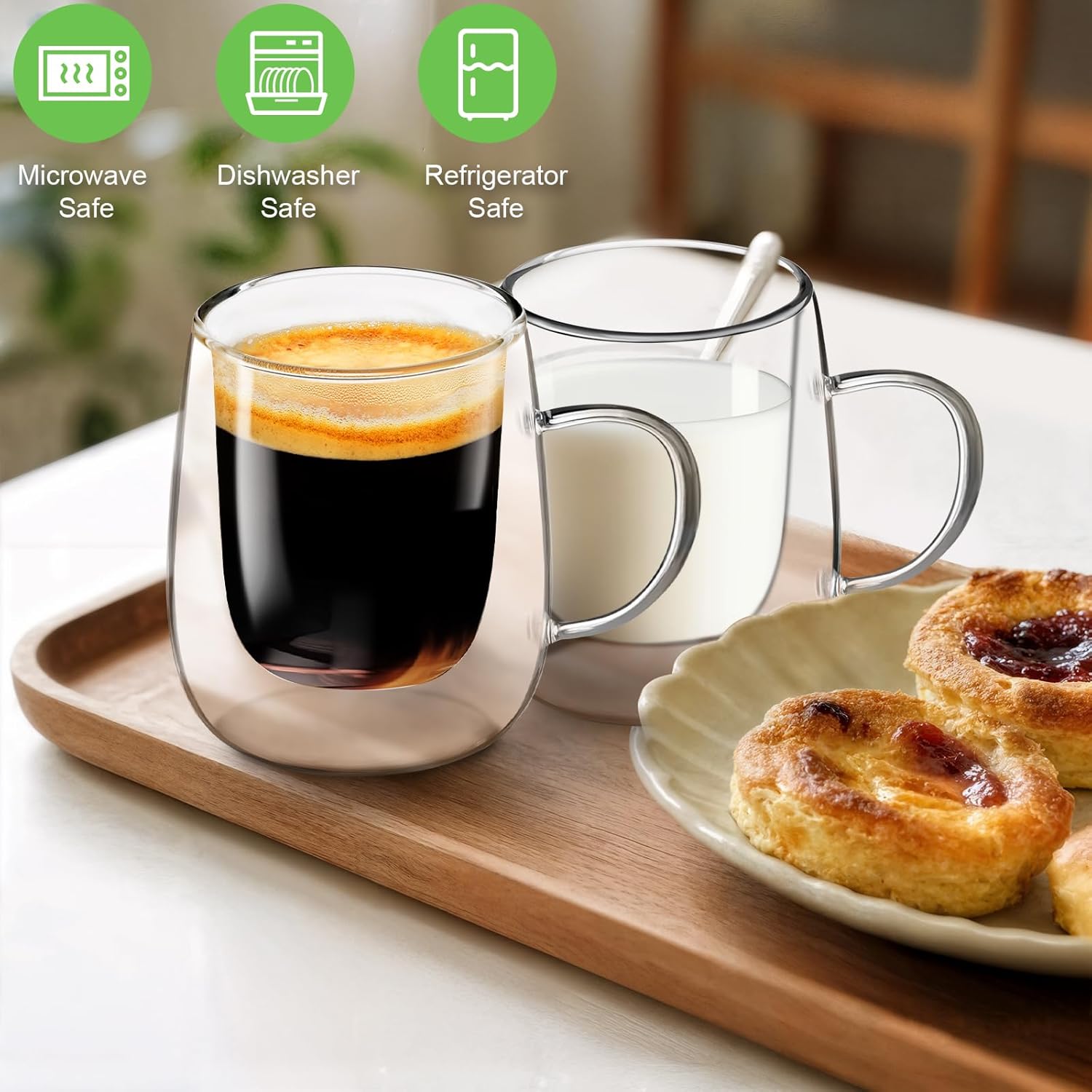 Glass Coffee Cups Set of 4, 13oz Double Walled Glass Mugs with Handles, Clear Insulated Coffee Mug Espresso Cups, Cappuccino Latte Tea Cups Set, Heat Resistant Borosilicate Clear Glasses