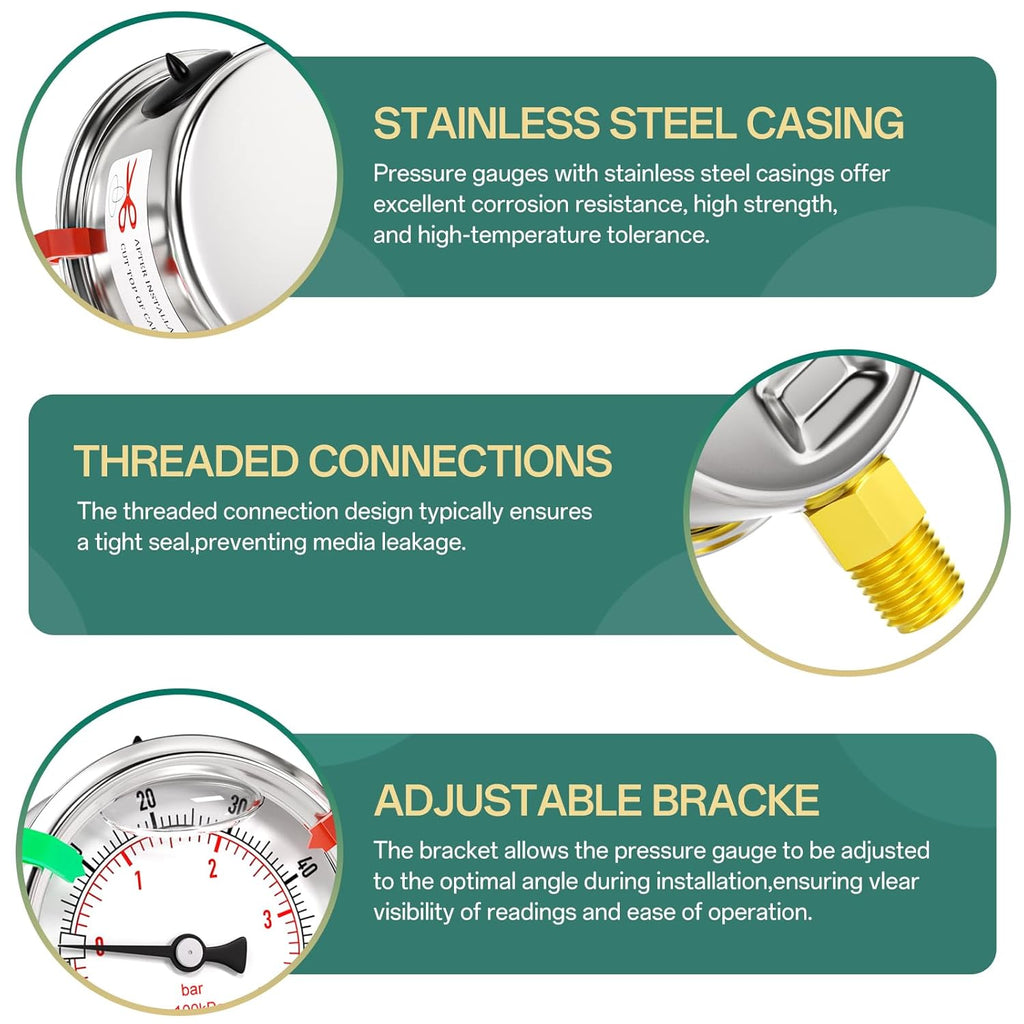 -30inHG-60psi Stainless Steel Glycerin Liquid Filled Vacuum Pressure Gauge 1/4" NPT 2.5" Face Dial Center Lower Mount, for Water, Oil and Air Pressure Testing (with Range Mark Pointer)