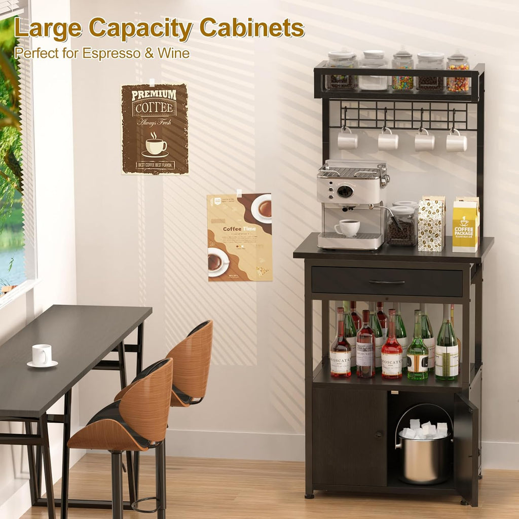 5-Tier Coffee Bar Cabinet & Microwave Stand with Storage, 2 Doors, 4 S-Hooks Kitchen Appliance Bakers Rack for Spices, Pots,Coffee Station for Small Spaces,Living Room,Entryway,Black