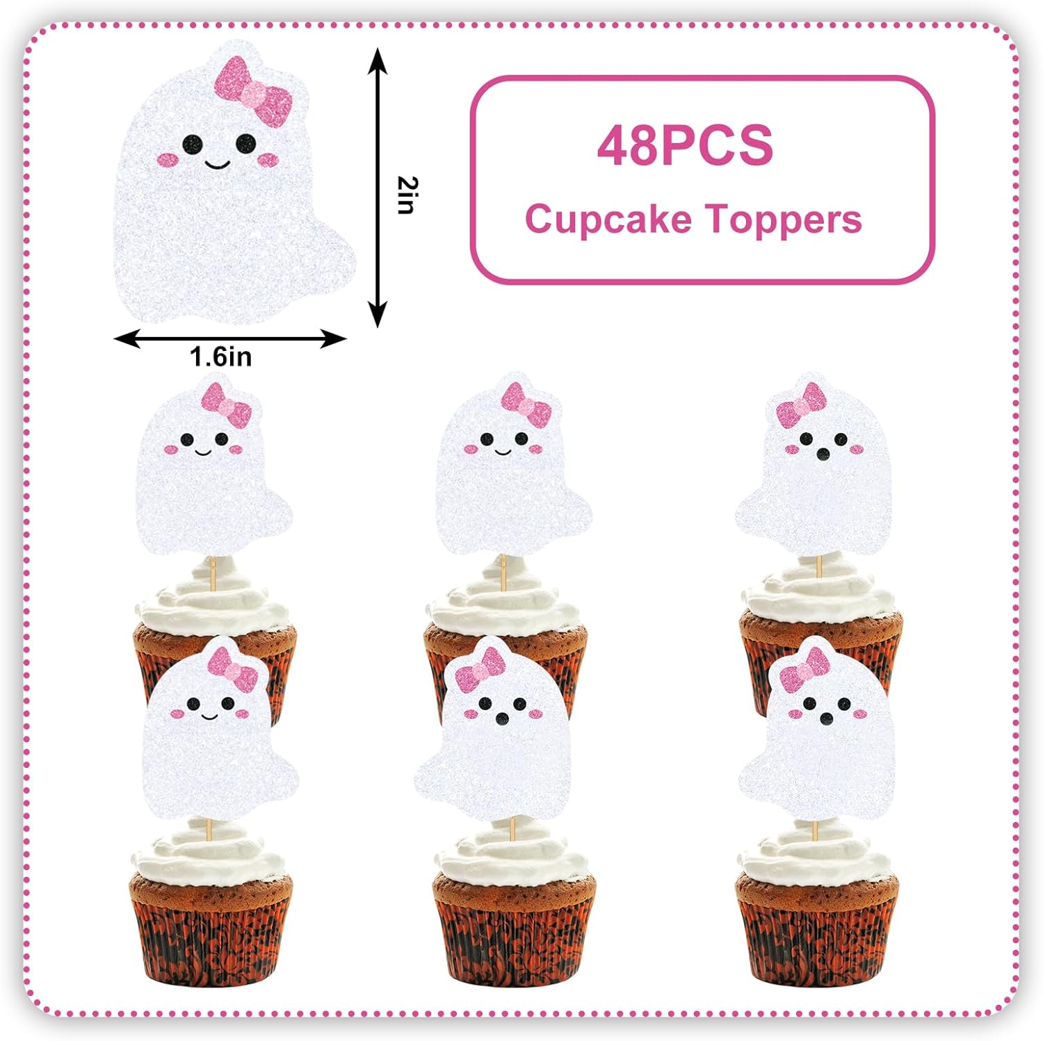 Whaline 48Pcs Halloween Cupcake Toppers Pink Bow Ghost Cupcake Picks Cute Ghost Cake Decorations for Halloween Birthday Party Supplies