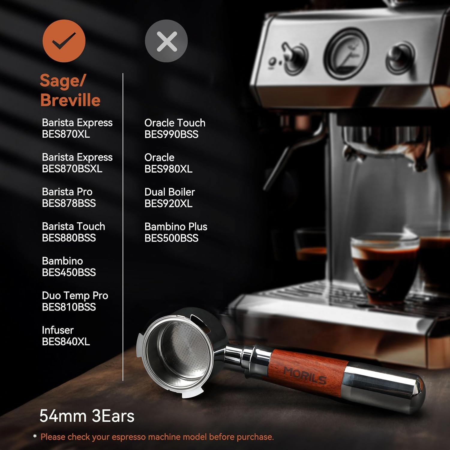 54mm Bottomless Portafilter for Breville Espresso Machines, 3 Ears Espresso Portafilter with Puck Screen,Double Shot Filter Basket & Premium Walnutwood Handle, Espresso Accessories Set.
