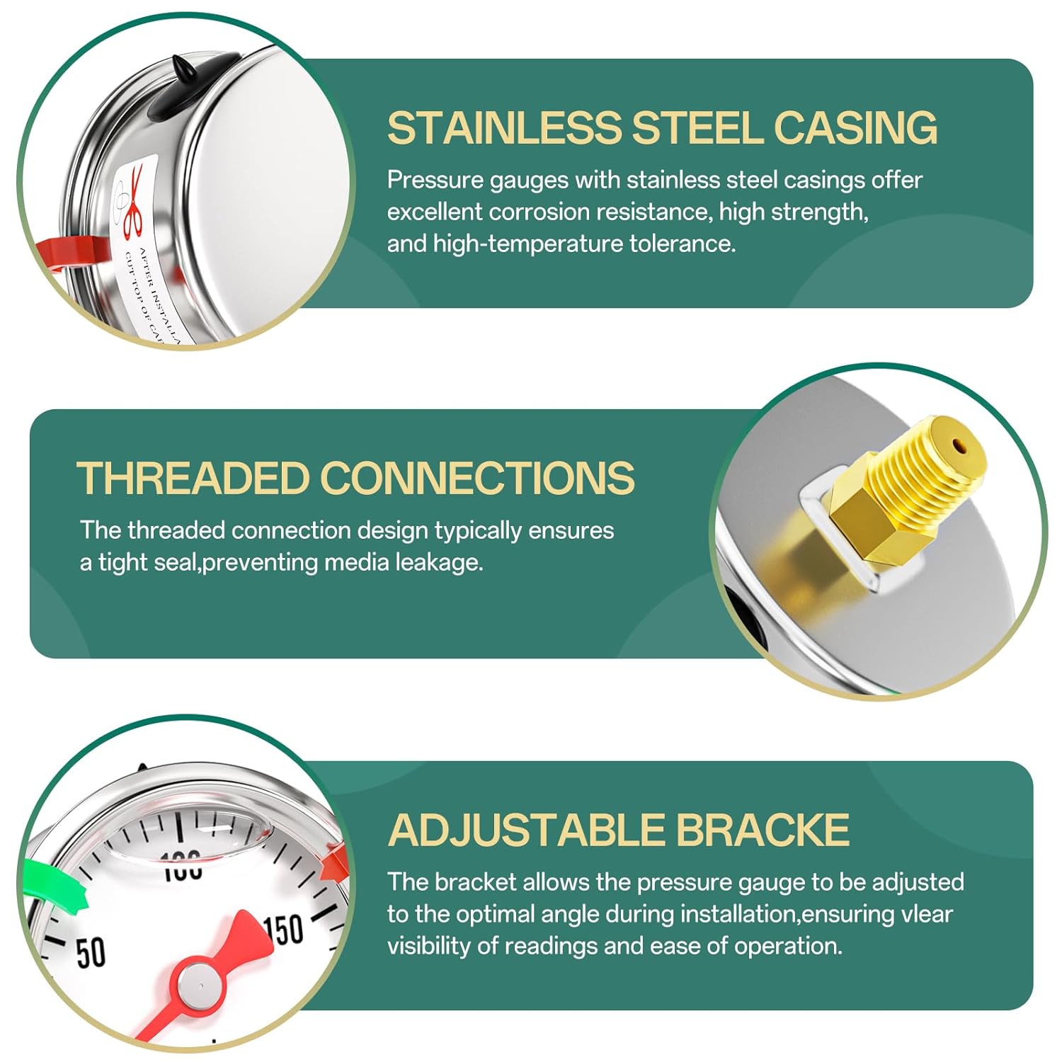 0-200psi Stainless Steel Glycerin Liquid Filled Pressure Gauge 1/8" NPT 1.5" Face Dial, Center Back Mount, for Water, Oil and Air Pressure Testing (with Range Mark Pointer)