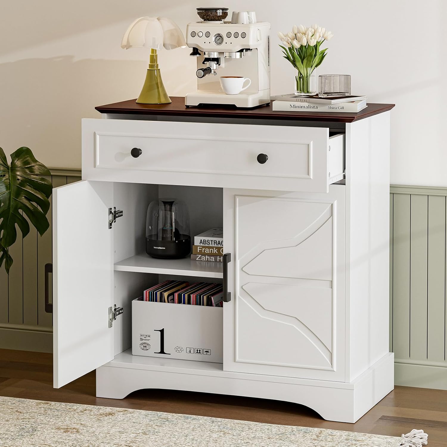 Buffet Cabinet with Storage, Coffee Bar with Drawer & Adjustable Shelf, Modern Sideboard for Kitchen, Dining Room, Living Room, White