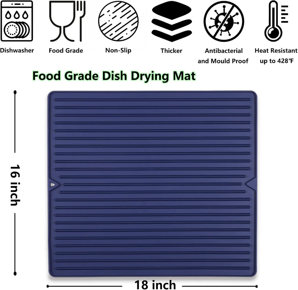 Dish Drying Mat, 16" x 18" Silicone Drying Mat for Kitchen Counter, Large & Thicker Silicone Dish Drying Pad with Raised Edges for Countertop, Multi-Purpose & Heat Resistant