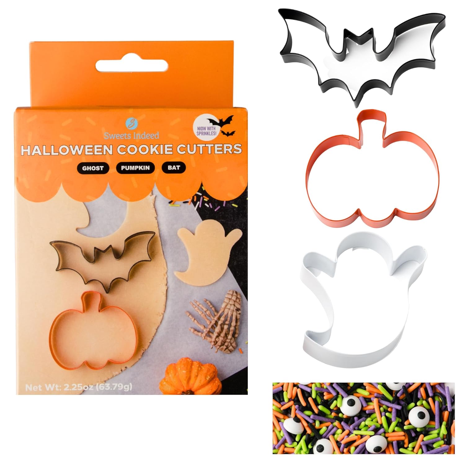 Sweets Indeed Halloween Cookie Cutters with Sprinkle Mix & Candy Eyeballs – 2 oz Sprinkles + 3 Food-Safe Cookie Cutters (Pumpkin, Ghost, Bat) | Halloween Baking & Decorating Kit