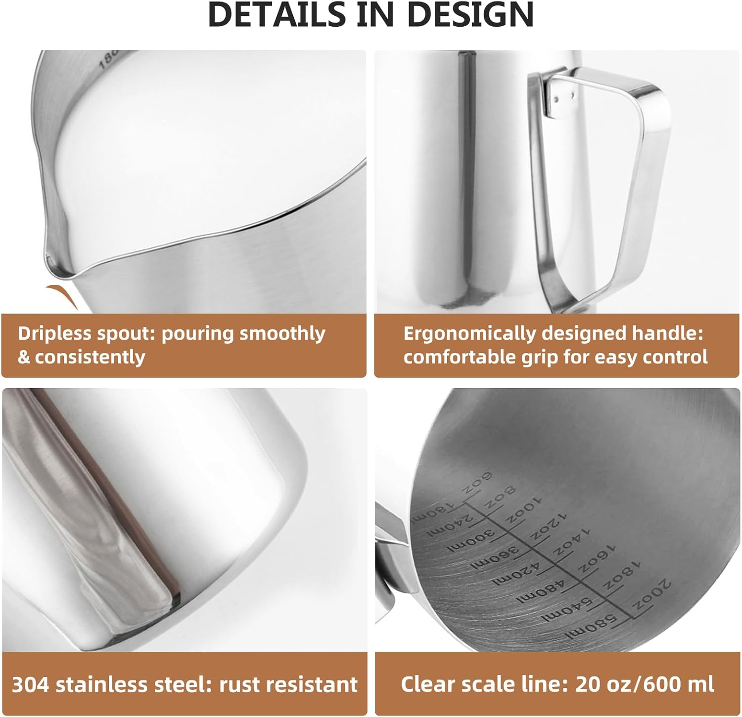 Milk Frother Pitcher 20 OZ，Espresso Milk Frothing Pitcher, Milk Steamer Cup Steaming Pitcher, Stainless Steel Coffee Froth Cup with Latte Art Pen for Coffee Cappuccino (Silver)