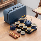 Travel tea set,Portable ceramic tea set,Chinese tea set,Tea sets for adults,Tea pot sets,Portable Travel Bag,Home,Gifting,Outdoor and Office,茶具 (Blue)