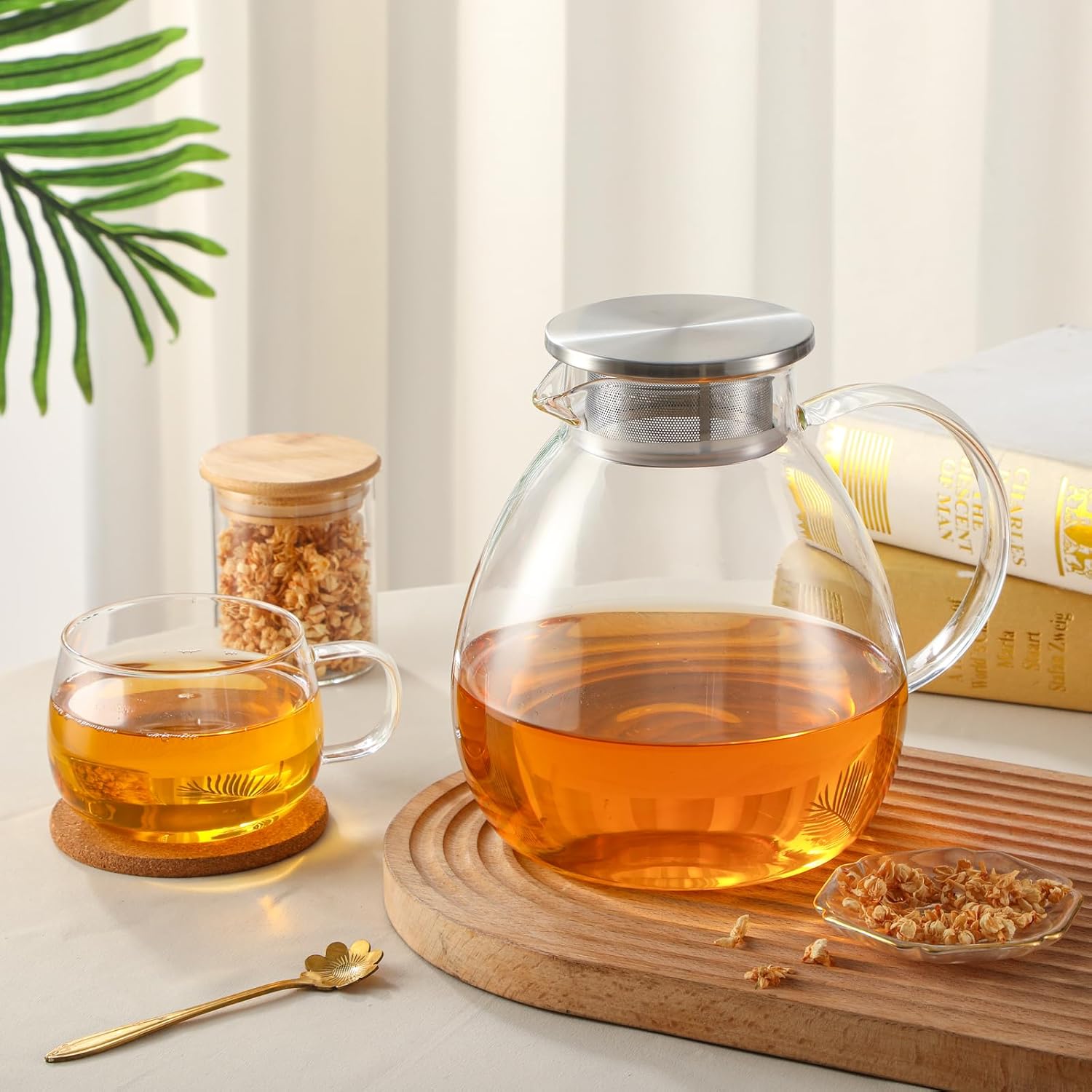 68OZ/2000ML One Touch Glass Teapot with Stainless Steel Filter Lid, Stovetop & Microwave Safe Tea Maker Water Kettle, Strainer & Cover 2 in 1 Loose Leaf Tea Steeper Pot Coffee Carafe