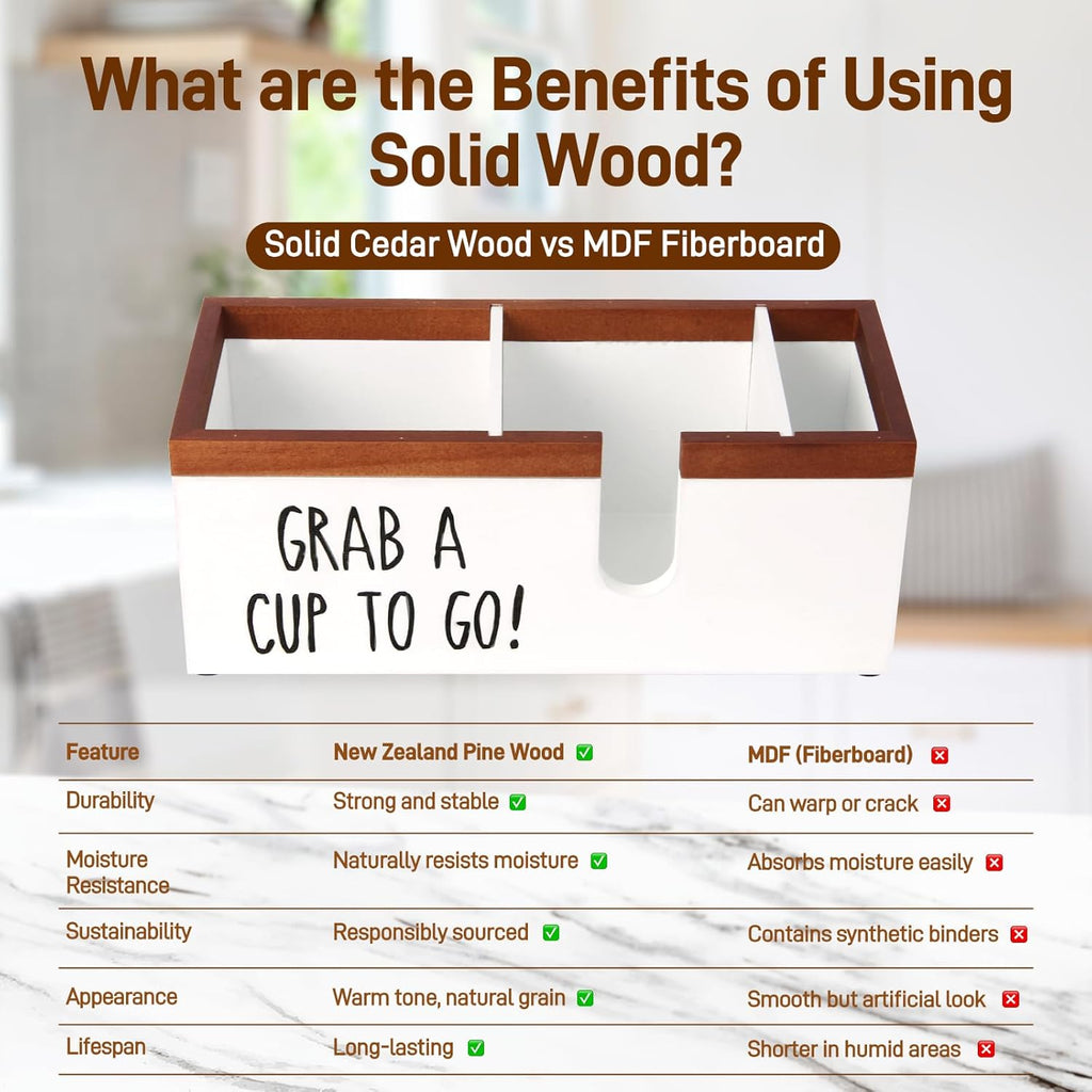 100% Wooden Coffee Cups Holder with U-Shape Cutout Design for Countertop-Coffee Bar Organizer for Cups, Lids, Pods, Stirrers, and Accessories, Great Gift for Home or Office (White)