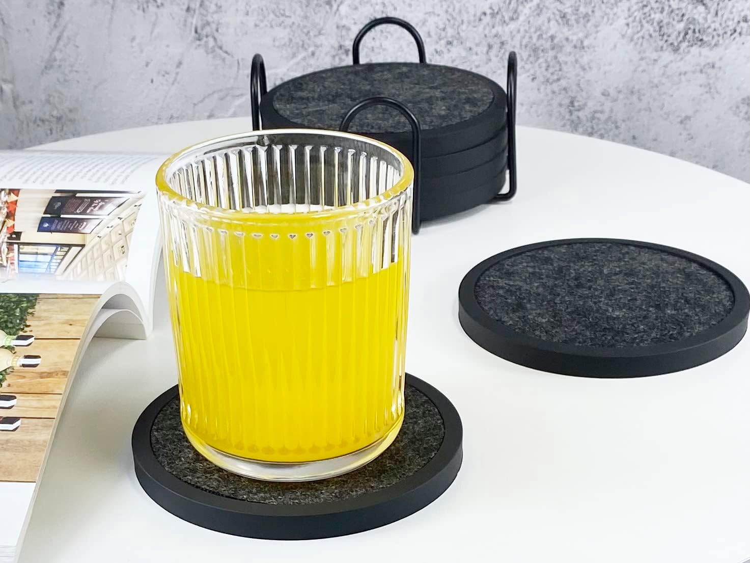 Absorbent Coasters for Drinks with Holder - 6packs, Silicone Coaster with Soft Felt Insert (4.3 inch Coasters with 4.5 inch Holder, Black and White)