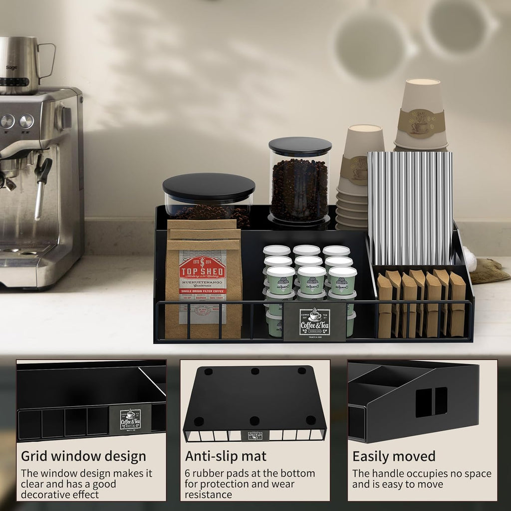 Metal Coffee Station Organizer for Countertop - Coffee Bar Organizer with Designable DIY Logo, K Cup Pods Holder & Tea Condiment Storage - Rustic Breakroom Kitchen Decor in Balck