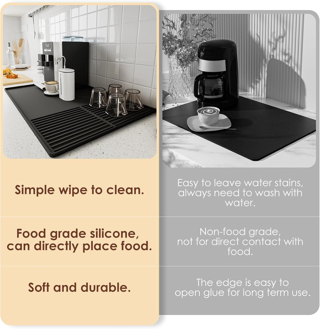 Silicone Coffee Mat with Raised Edges, 20'' X 12'', Bar Mat for Countertops, Fits Under Coffee Maker, Espresso Machine, Dish Drying Mat (BLACK)