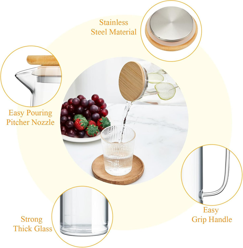 Hsei 2 Sets Glass Pitcher with Lid, 67.6 oz / 2000 ml Water Carafe with Handles Hot Cold Beverage Water Jar Glass Jug for Tea Juice Milk Coffee Iced Beverage(2l)