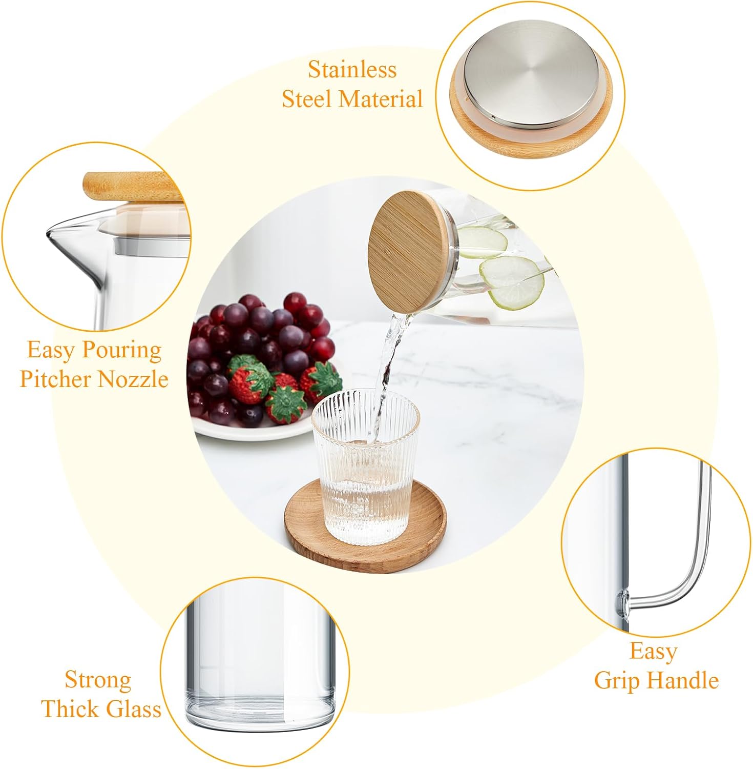 Hsei 2 Sets Glass Pitcher with Lid, 67.6 oz / 2000 ml Water Carafe with Handles Hot Cold Beverage Water Jar Glass Jug for Tea Juice Milk Coffee Iced Beverage(2l)