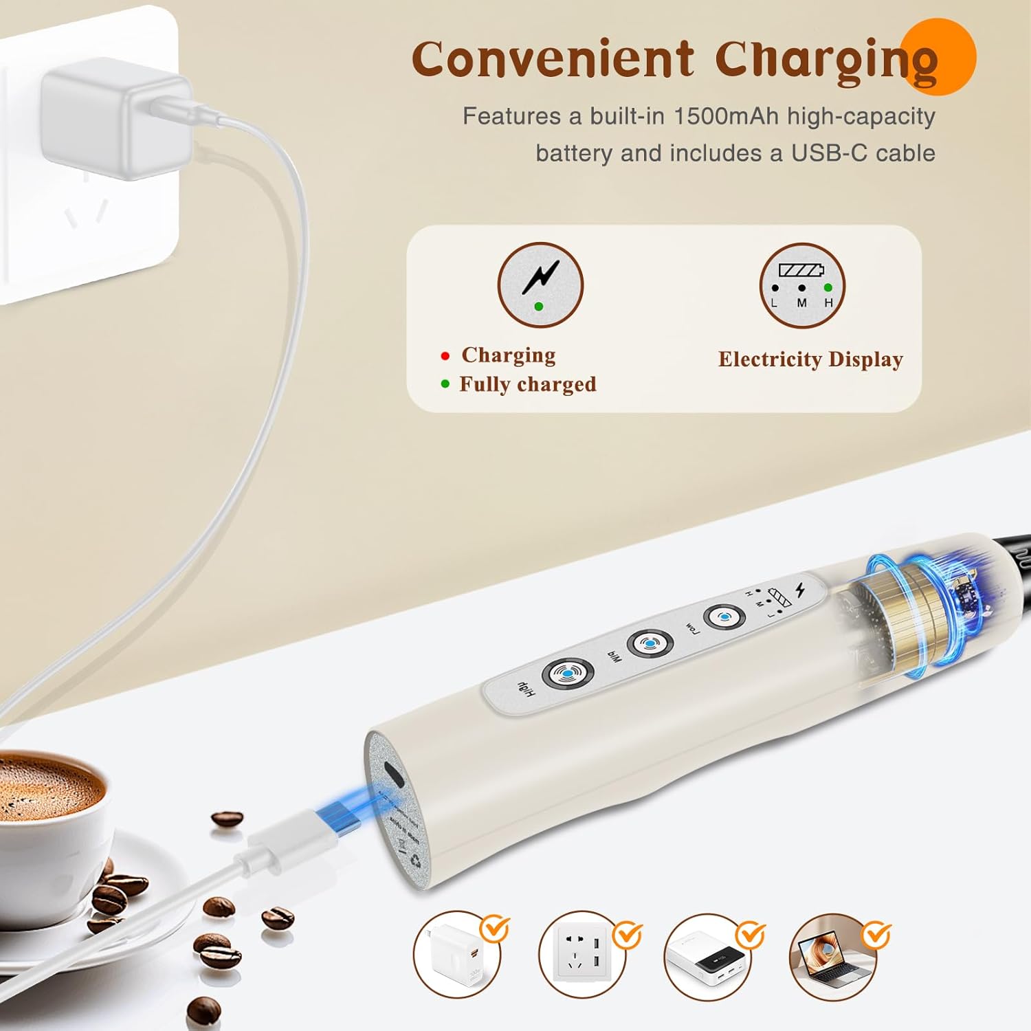 Milk Frother Handheld Rechargeable, Frother Wand Drink Mixer Electric Whisk for Coffee, Detachable With 3 Stainless Whisks, Hand Mixer for Lattes, Cappuccino, Matcha, Egg, No Stand, Beige