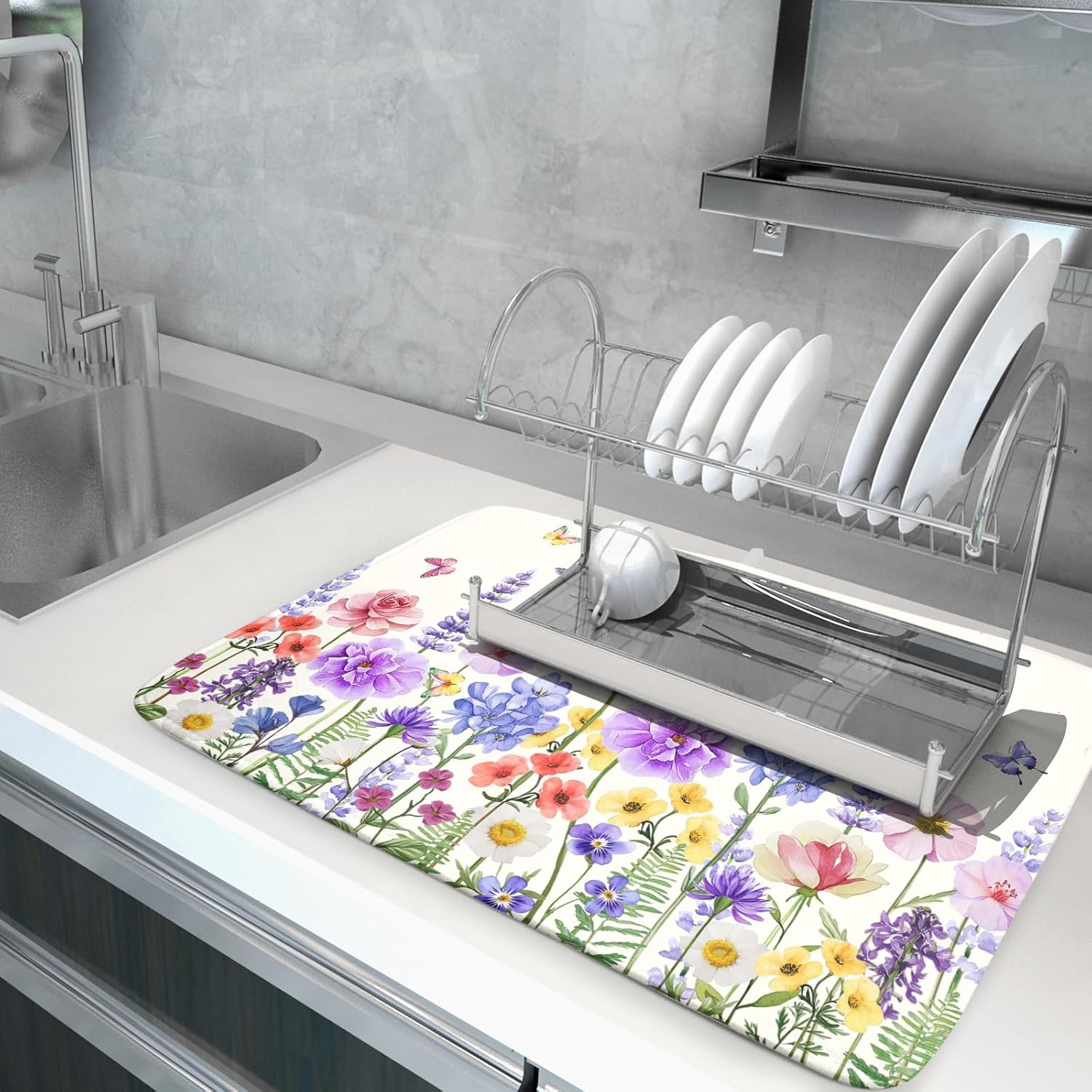 Giwawa Hummingbird Flower Dish Drying Mat 18x24 inch Watercolor Spring Herb Floral Dish Drainer Mats Wildflower Plant Reversible Microfiber Dish Drying Pad for Kitchen Countertop Large Decor